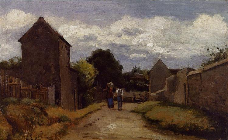 Bauern und Bauern auf einer Straße, die die Landschaft überquert - 1864