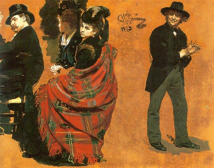 Uomo e donna al tavolo. L'uomo mette il guanto - 1873