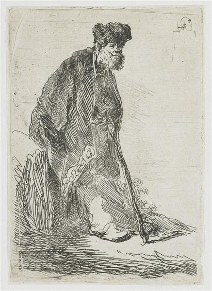 Homme avec manteau et chapeau de peau soutenu sur un banc - 1630