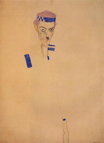 Homme avec bandeau bleu et main sur la joue - 1909