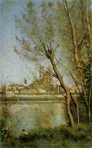 Mantes - View of the Cathedral and the City through the Trees - 1869