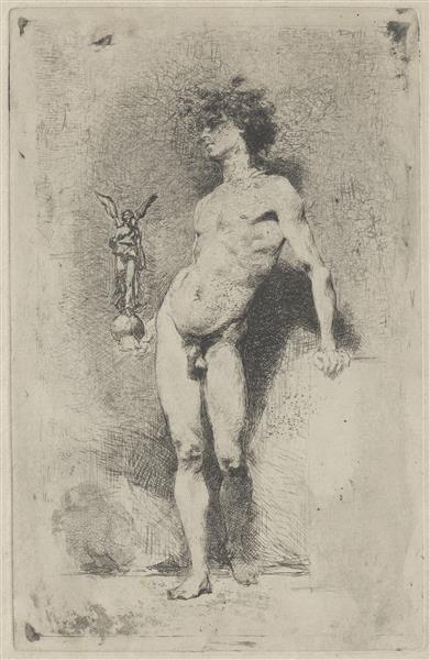 Male nude with the symbol of victory in hand.