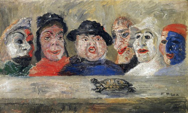 Masks looking at a turtle - 1894