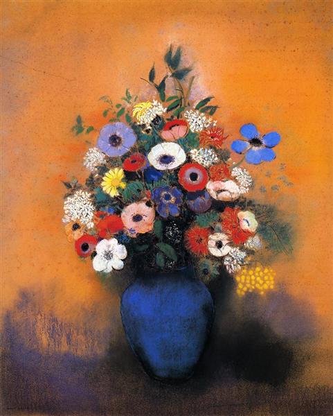 Mimosen - Anemonen und Blätter in einer blauen Vase - 1915