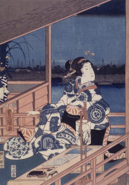 Vue à la lumière de la lune de Tsukuda avec une dame sur un balcon - 1856 