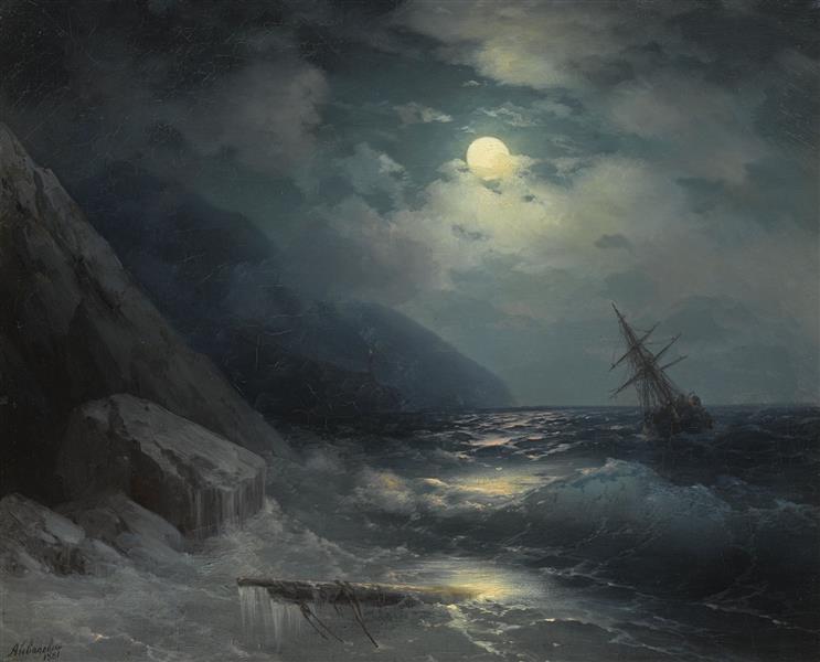 Landscape illuminated by the moon with a ship