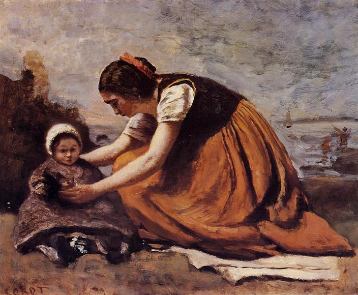 Mor og søn på stranden - 1860