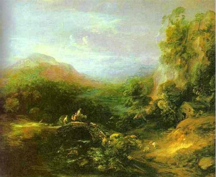 Paesaggio di montagna con contadini che attraversano un ponte - 1784