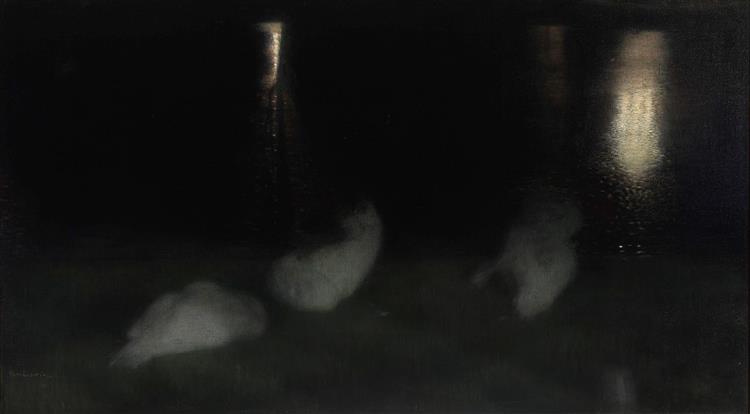 Night Swans in the Saxon of Warsaw at night - 1894