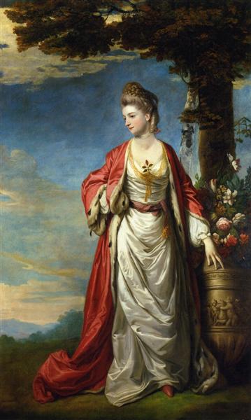 Mrs. Trecothick - whole body - with a Turkish masquerade suit - next to a flower urn - in a landscape - 1771