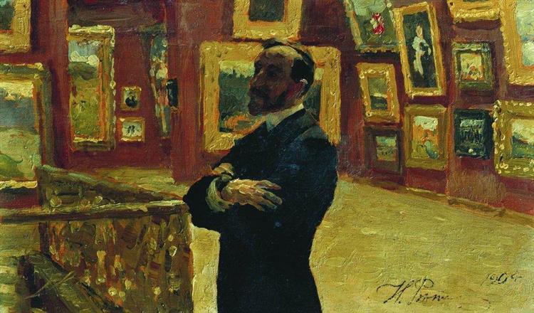 Na Mudrogel nella posa di Pavel Tretyakov nelle sale della galleria - 1904