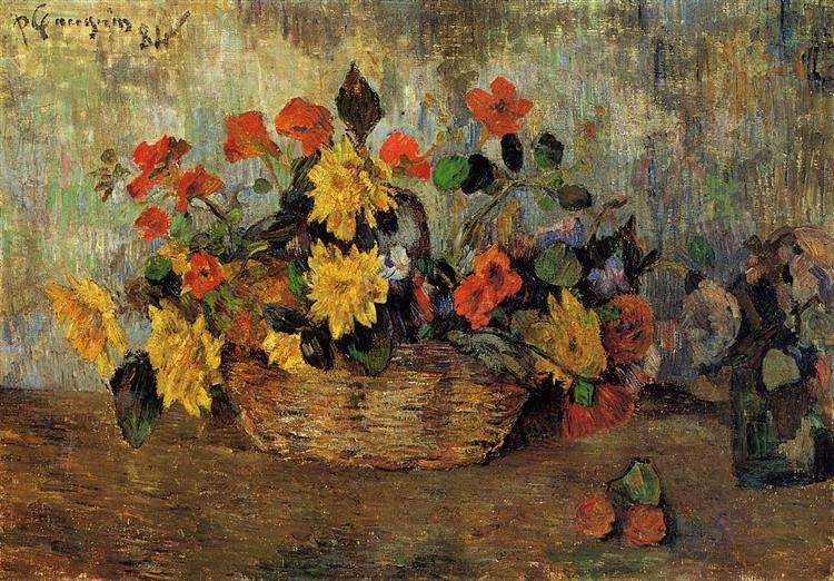 Capuchinas and Dalias in a basket - 1884