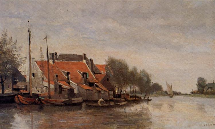 Near Rotterdam - Small houses on the banks of a channel - 1854