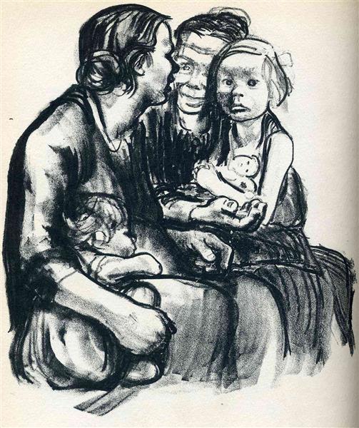 Two women talking with two children - 1930