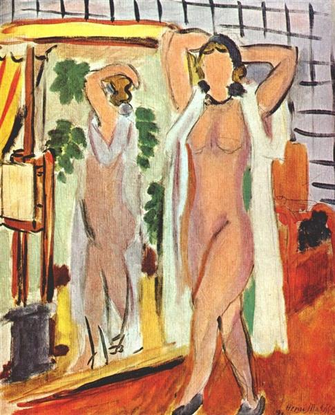 Desnudo en camisón blanco de pie junto al espejo 1937