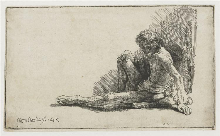 Naked man sitting on the floor with an extended leg - 1646