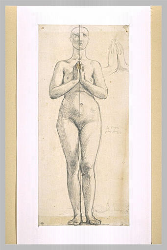 Femme nue debout - Vue avant - ENT Hands entrelacés devant la poitrine - 1844