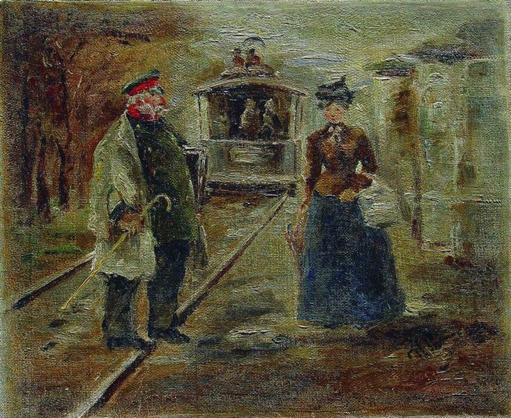 On the Station Platform. Street Scene with a Carriage Driving Away