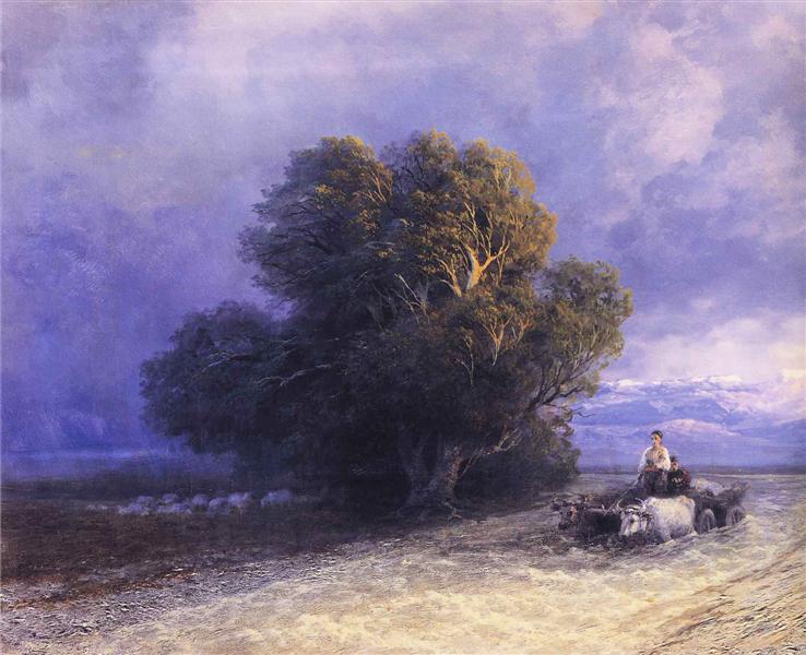 Ox car crossing a flooded plain - 1897