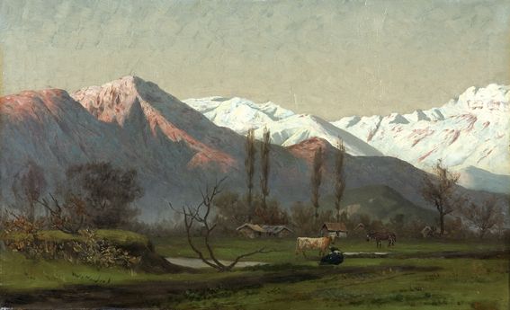 Landscape with mountain range and cattle