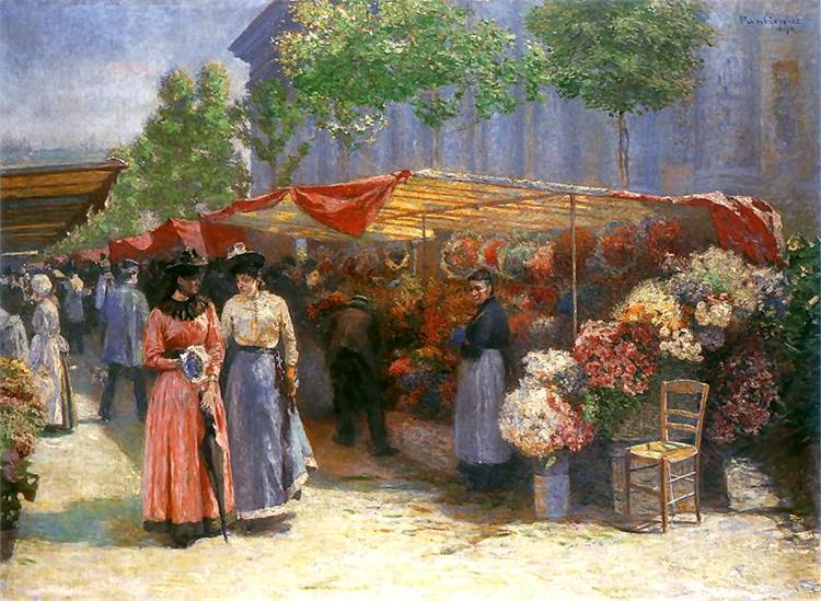 Flower market in front of the Madeleine church in Paris - 1890