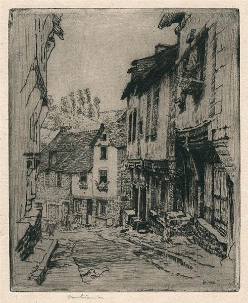 Aquofort Jerzual Street in Dinan (with cat) - 1908