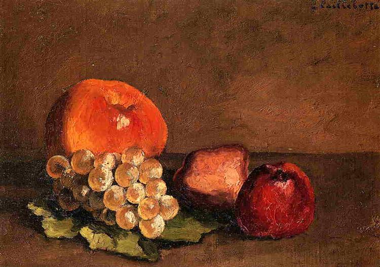 Pêche - pommes et raisins sur une feuille de vigne - 1878