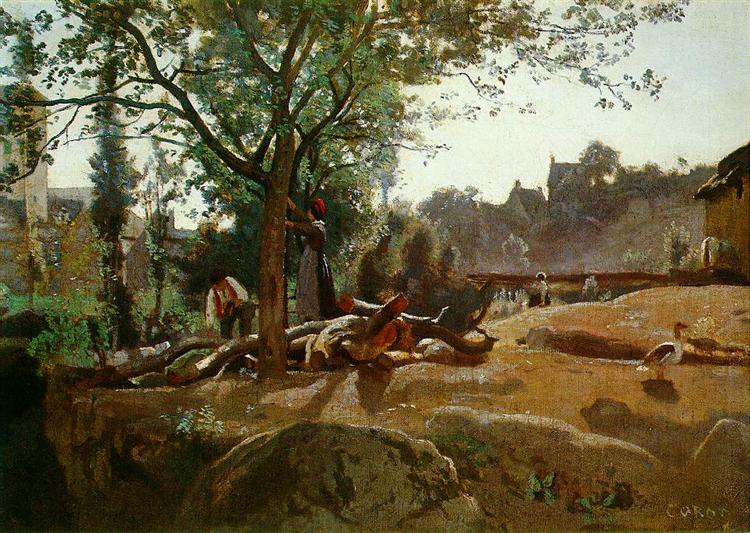 Peasants under the trees at dawn - Morvan - 1845