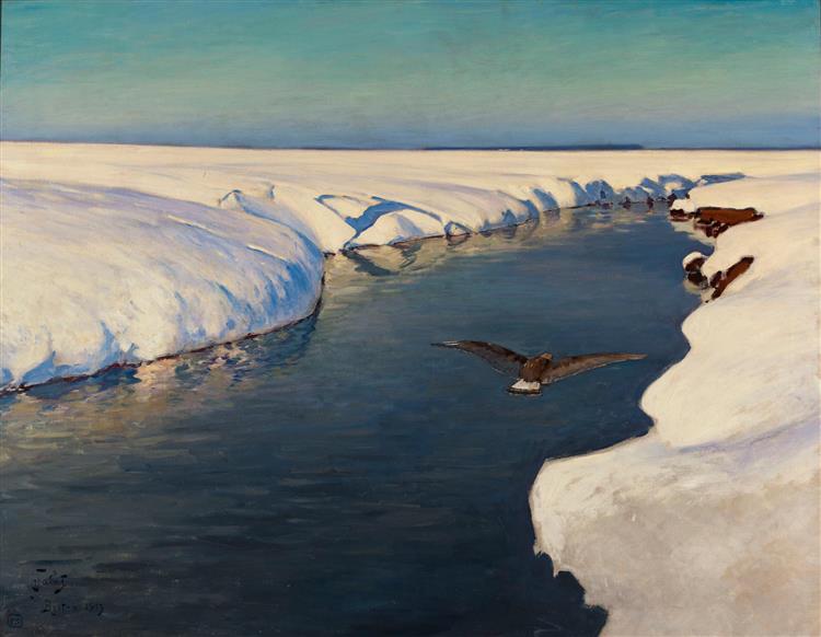 Paysage d'hiver avec rivière et oiseau.