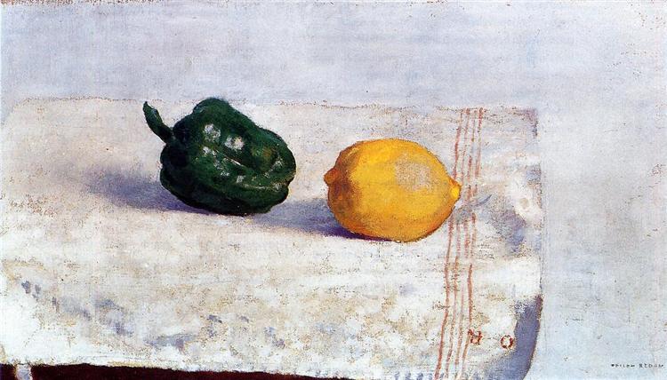 Pepper and lemon on a white tablecloth - 1901