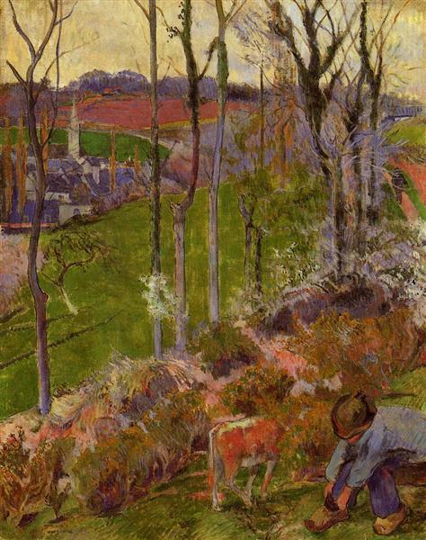 Petit Breton fixant sa chaussure - ou paysage à Pont -Aven - Grande-Bretagne - 1888