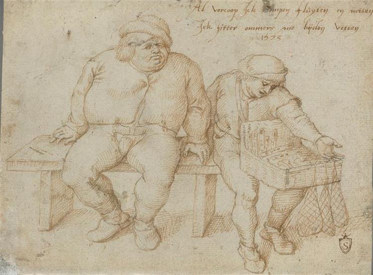 Peasant and street vendor sitting in a bank