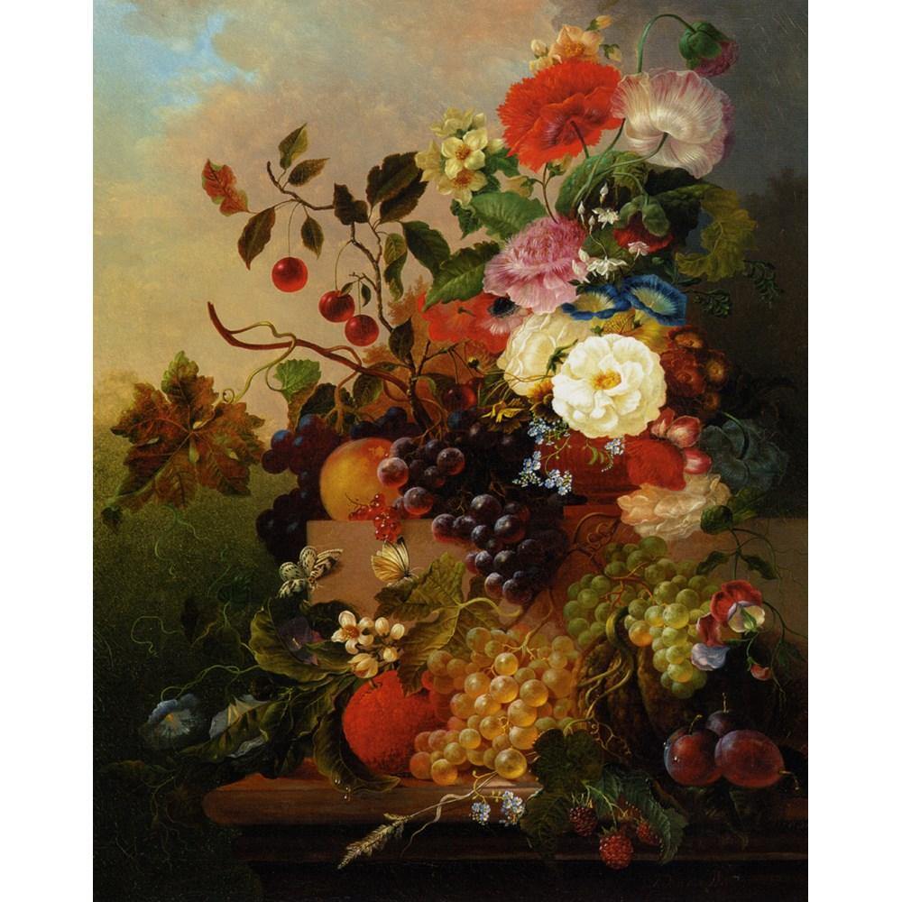 pintura Amapolas, Peonías, Rosas Y Otras Flores Con Uvas, Cerezas Y Ciruelas En Una Repisa De Mármol - Jan Van Der Waarden