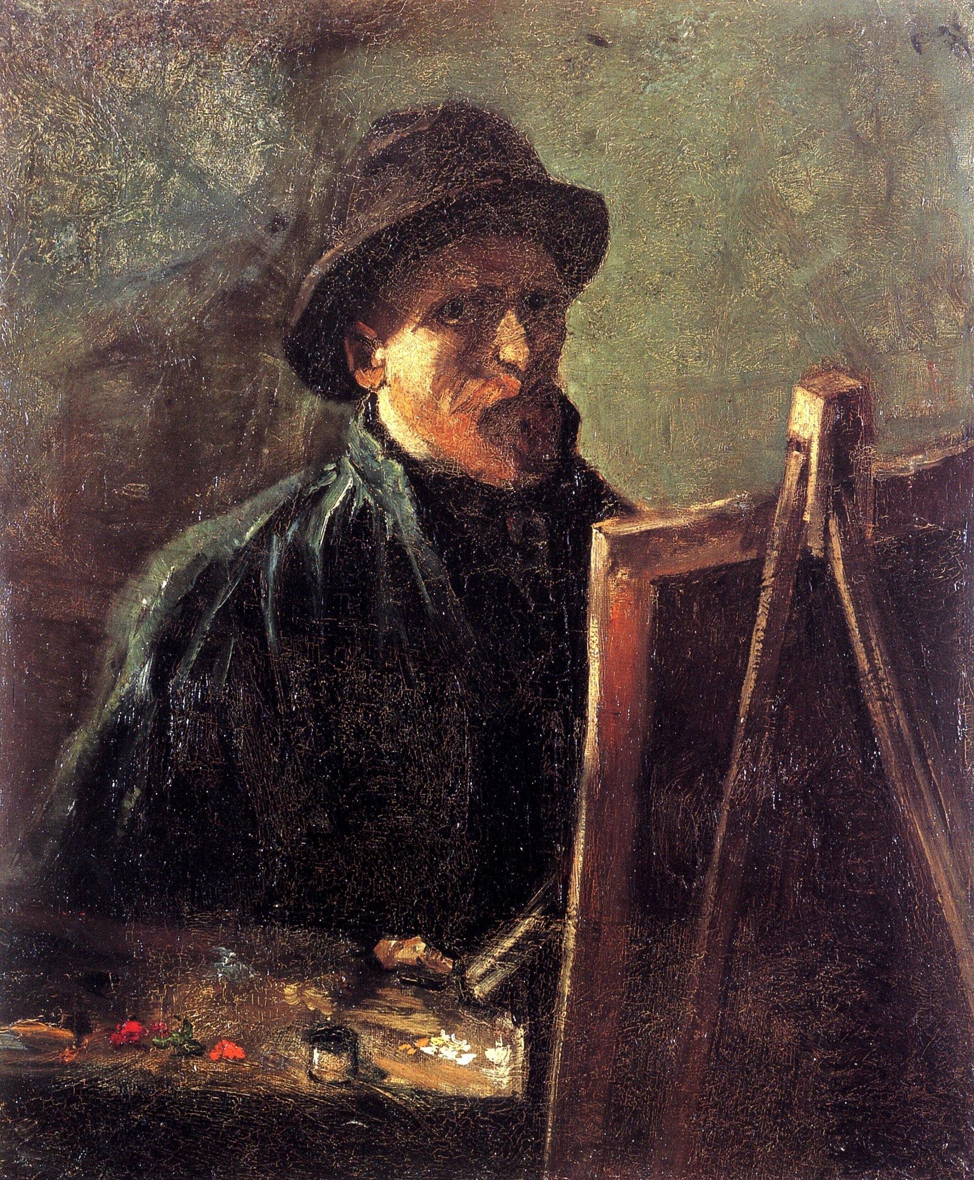 pintura Autorretrato Con Sombrero De Fieltro Oscuro En El Caballete - Vincent Van Gogh