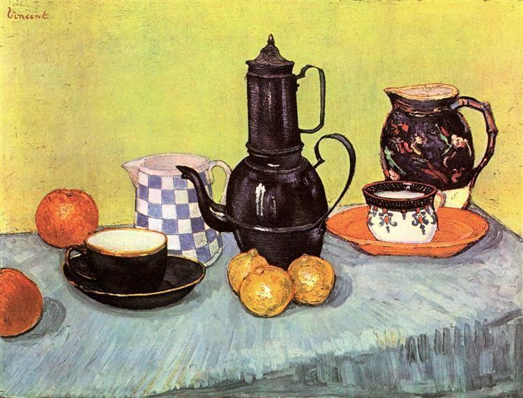 pintura Bodegón Con Cafetera De Esmalte Azul, Loza Y Fruta - Vincent Van Gogh
