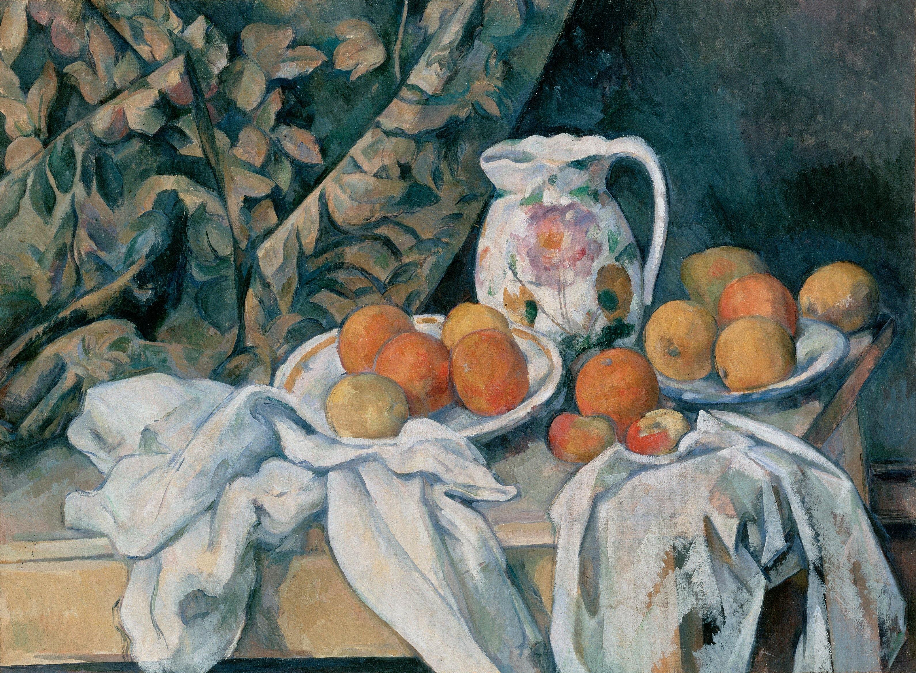 pintura Bodegón Con Cortina Y Jarra Florecida - Paul Cezanne