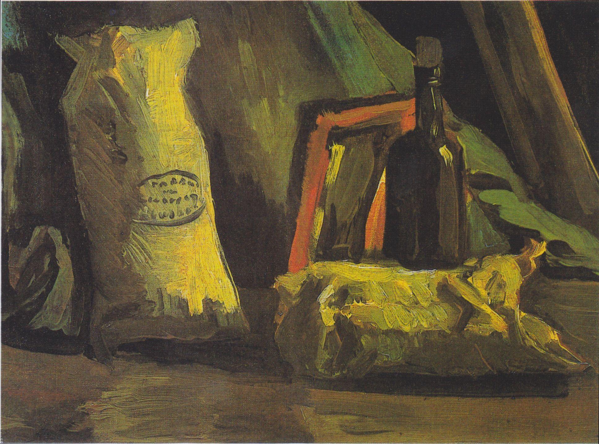 pintura Bodegón Con Dos Bolsas Y Botella - Vincent Van Gogh