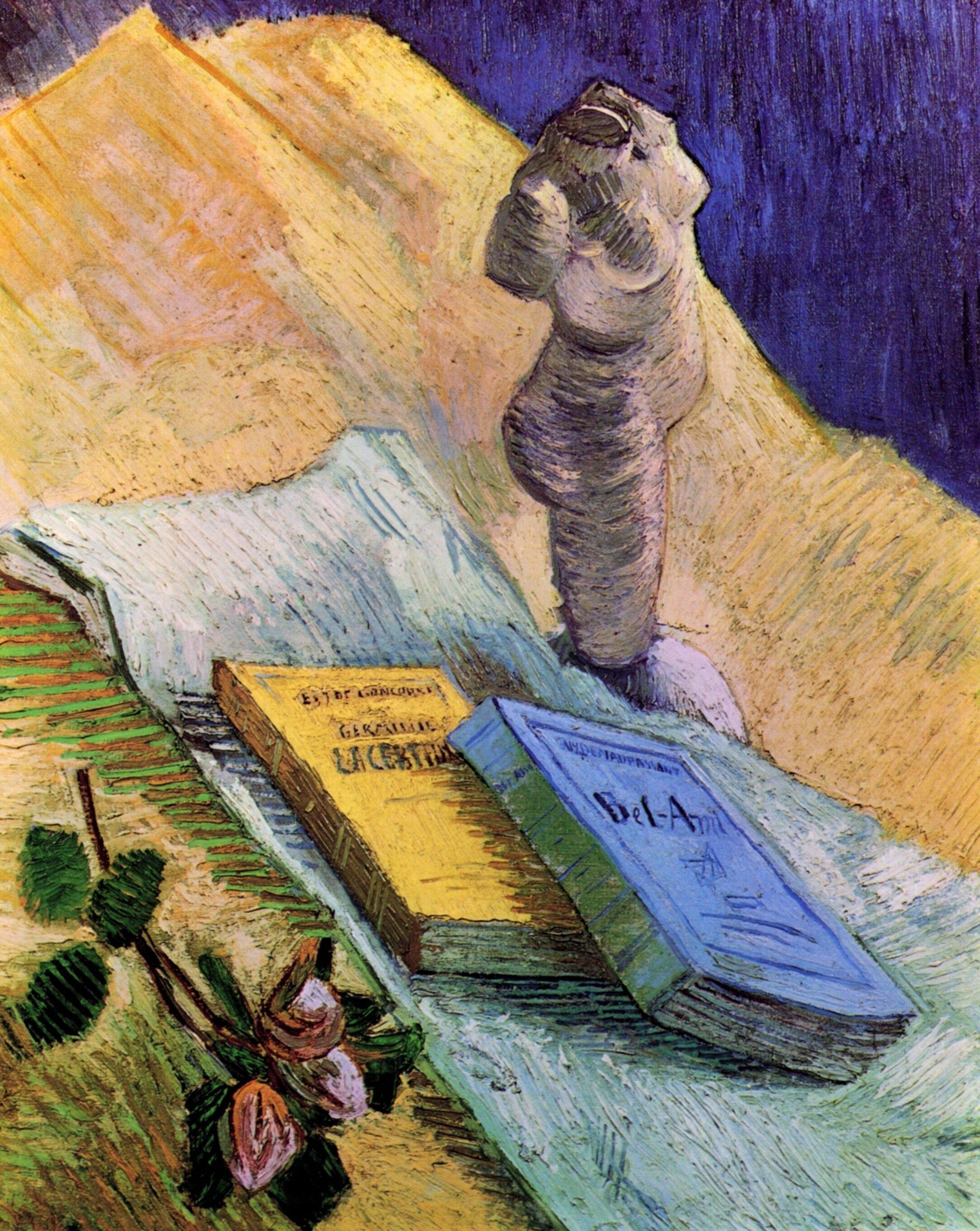 pintura Bodegón Con Estatuilla De Yeso, Una Rosa Y Dos Novelas - Vincent Van Gogh