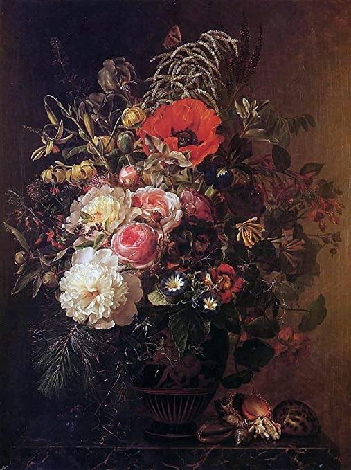 pintura Bodegón Con Flores En Un Jarrón Griego - Johan Laurentz Jensen