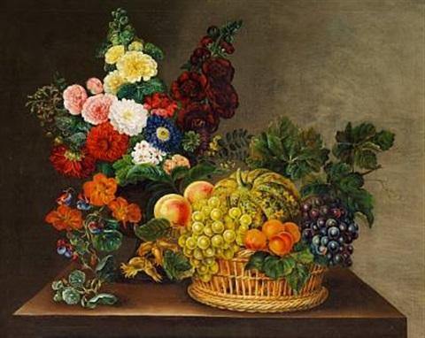 pintura Bodegón Con Flores En Un Jarrón Y Frutas En Una Cesta Sobre Una Mesa - Johan Laurentz Jensen