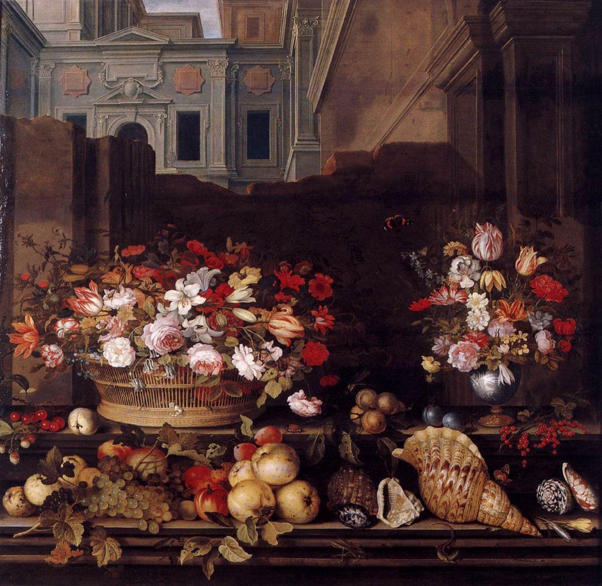 pintura Bodegón Con Flores, Frutas Y Conchas - Balthasar Van Der Ast