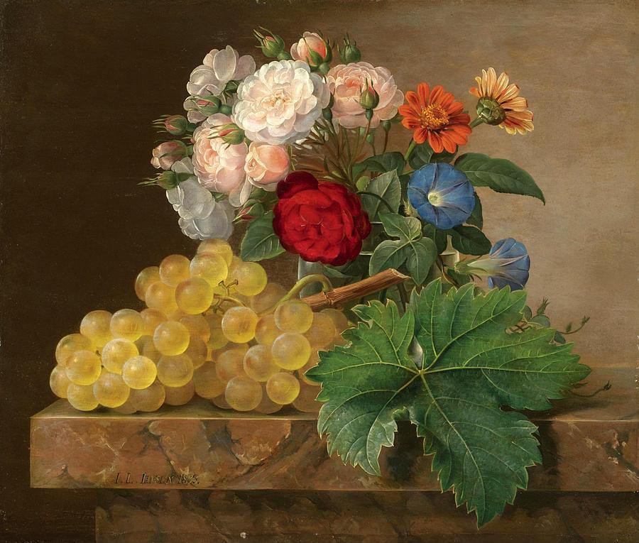 pintura Bodegón Con Flores Y Uvas - Johan Laurentz Jensen