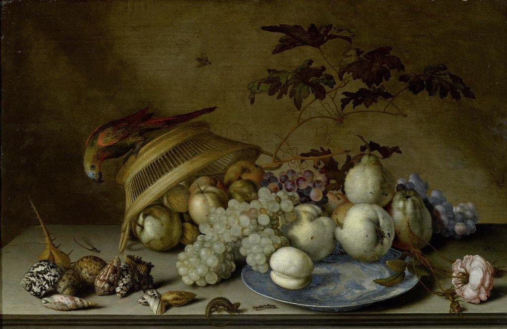 pintura Bodegón Con Fruta En Un Plato De Porcelana, Loro En Una Cesta De Mimbre, Conchas E Insectos - Balthasar Van Der Ast