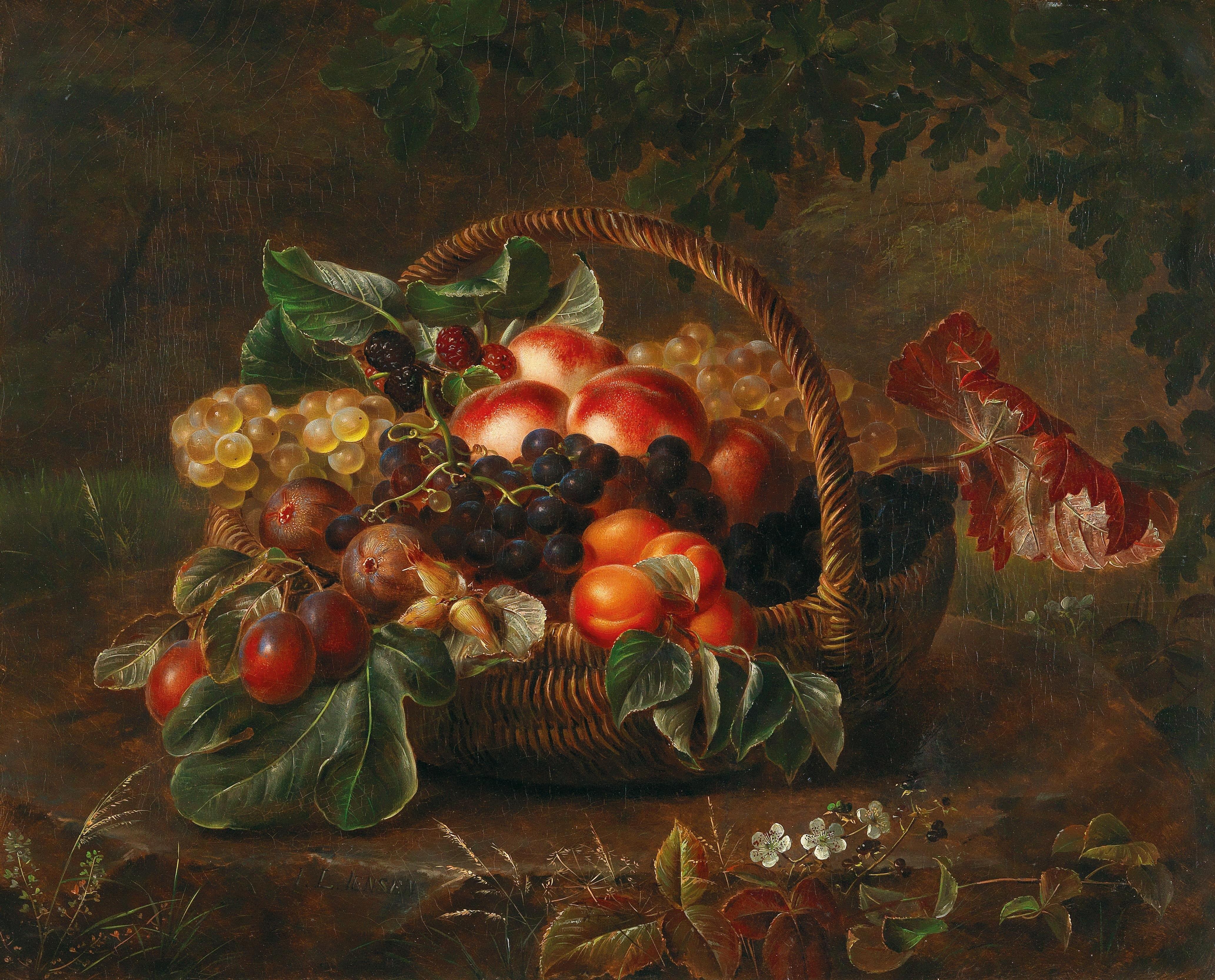 pintura Bodegón Con Fruta En Una Canasta - Johan Laurentz Jensen