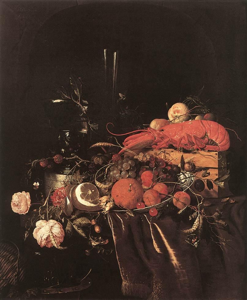 pintura Bodegón Con Frutas, Flores, Vasos Y Langosta - Jan Davidsz. De Heem