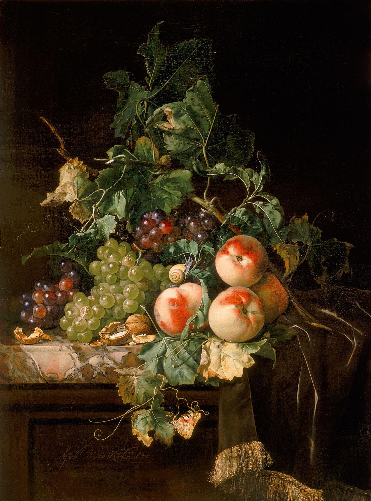 pintura Bodegón Con Frutas, Nueces E Insectos En Una Repisa De Mármol - Willem Van Aelst