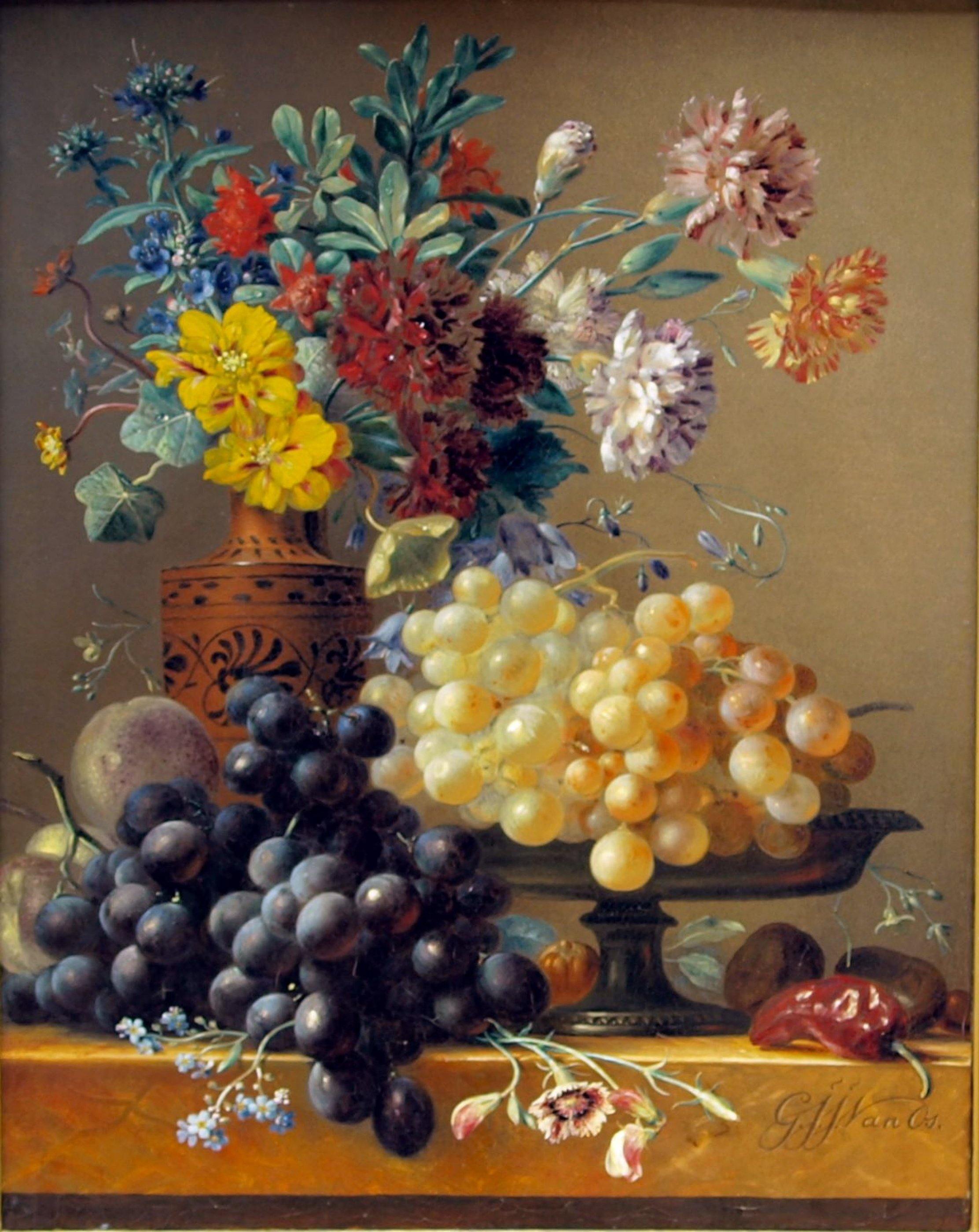 pintura Bodegón Con Frutas Y Flores En Florero Griego - Georgius Jacobus Johannes Van Os