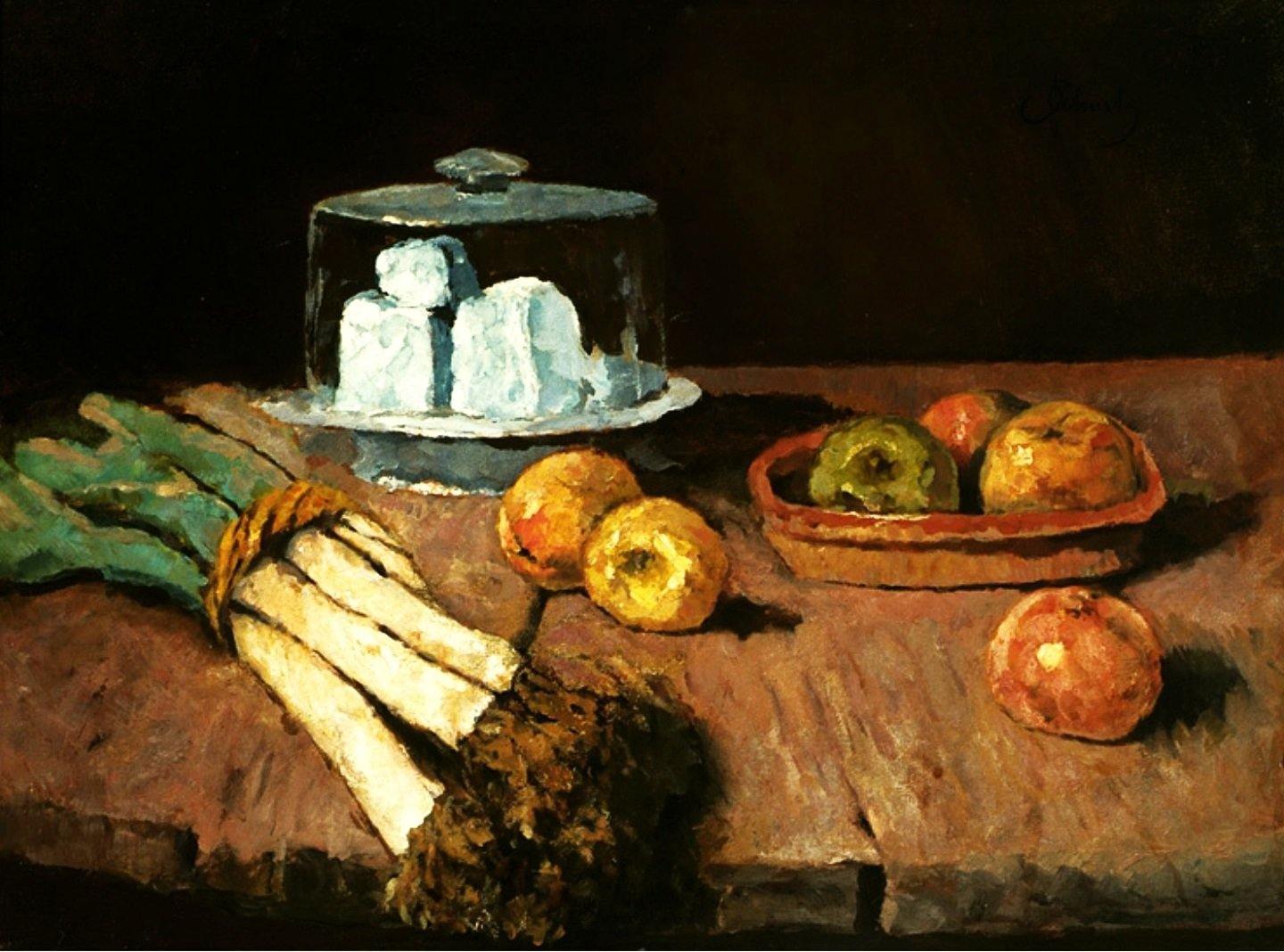 pintura Bodegón Con Manojo De Puerros, Manzanas Y Queso - Carl Eduard Schuch