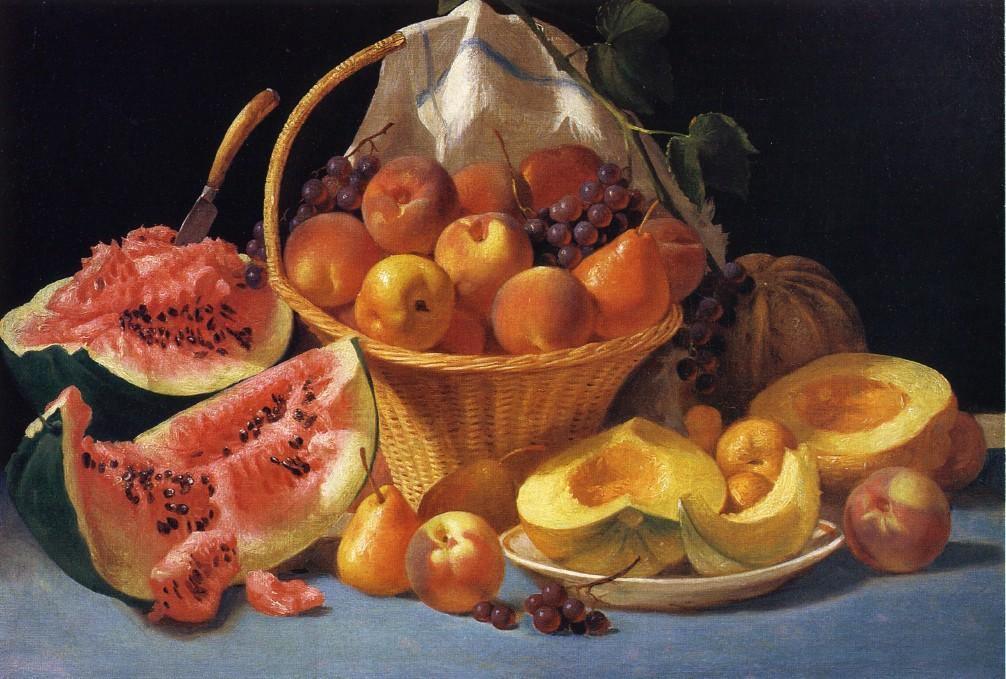 pintura Bodegón Con Melones, Duraznos Y Uvas - John F. Francis