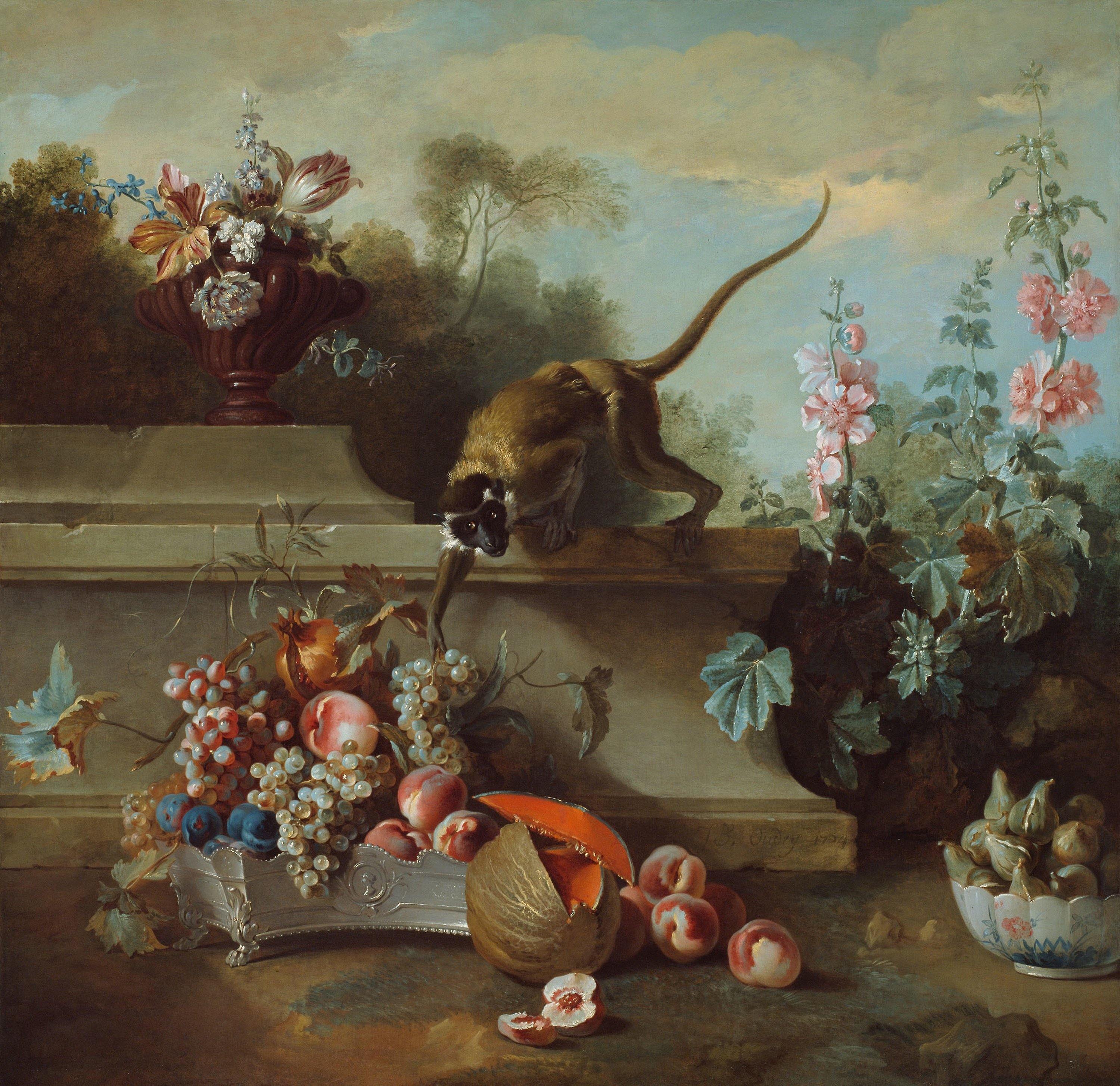 pintura Bodegón Con Mono, Fruta Y Flores - Jean-Baptiste Oudry